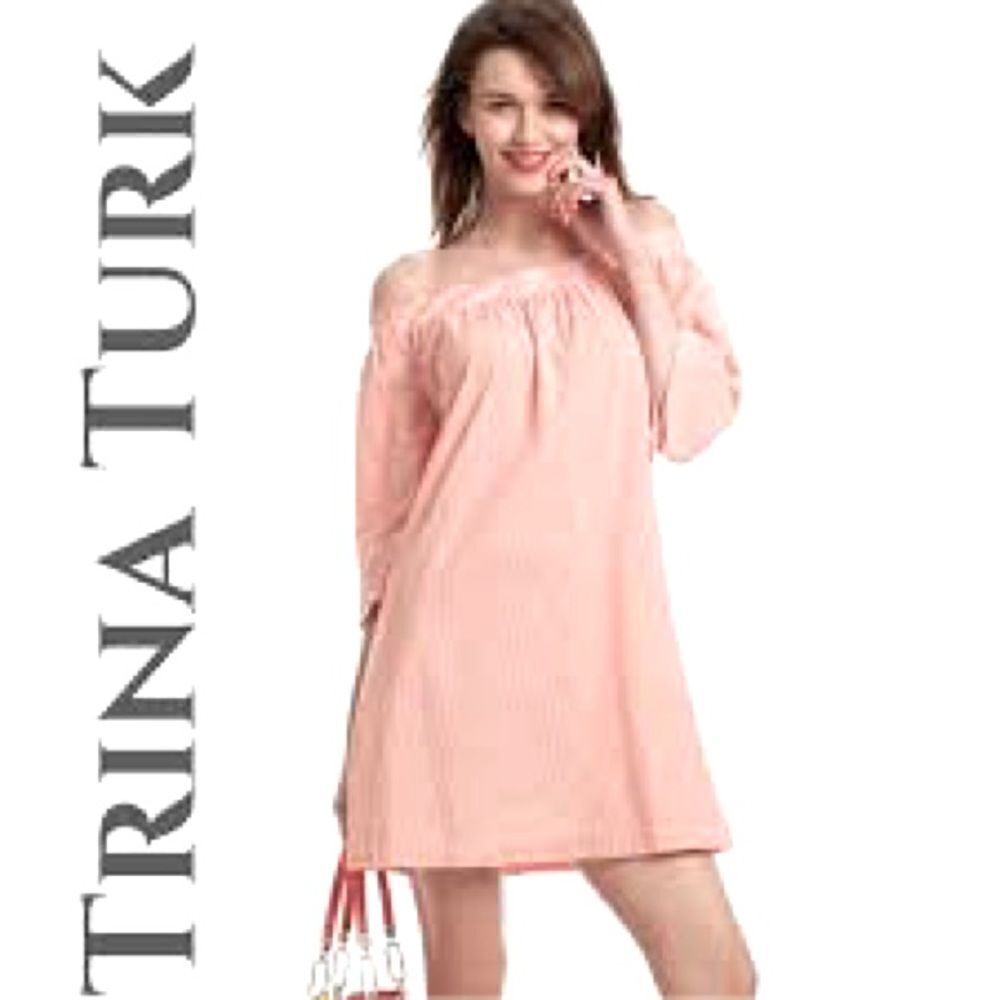 LIKE NEW TRINA TURK NEVILLE OFF SHOULDER SMOCKED ORANGE STRIPED DRESS REVOLVE L